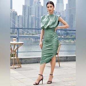 SHEIN Mint Green Jacquard Midi Dress – Shoulder Pads, Ruched, Size M
